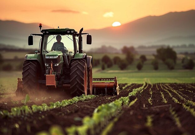 Photo d'un tracteur dans un champ avec le coucher de soleil en arrière-plan agriculture et l'agriculture