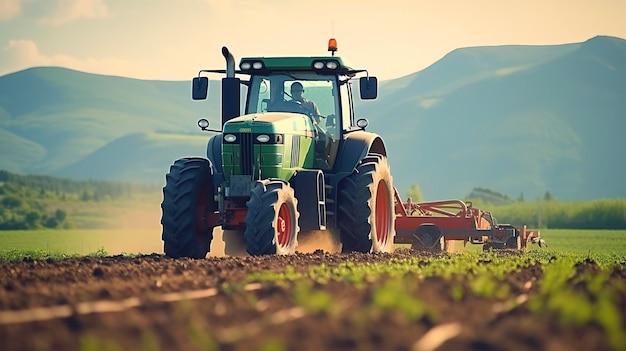 Une photo d'un tracteur qui laboure une terre agricole fertile