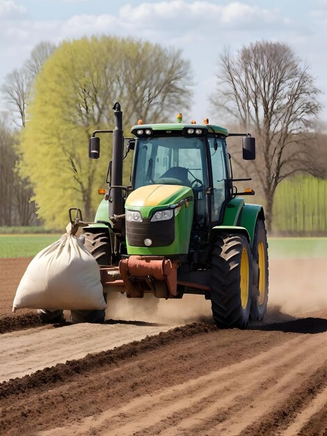 Photo photo d'un tracteur avec un sac d'engrais se déplaçant dans le champ au printemps