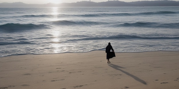 Photo d'une traditionnelle sérénité divine Jésus marchant le long de la plage baigné par le soleil