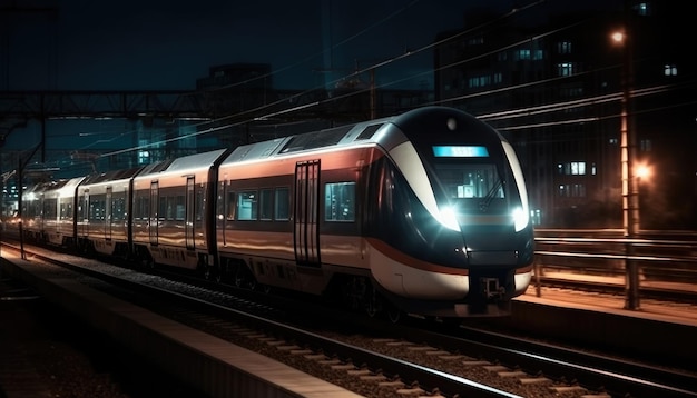 Photo d'un train à grande vitesse moderne traversant la ville la nuit Generative AI