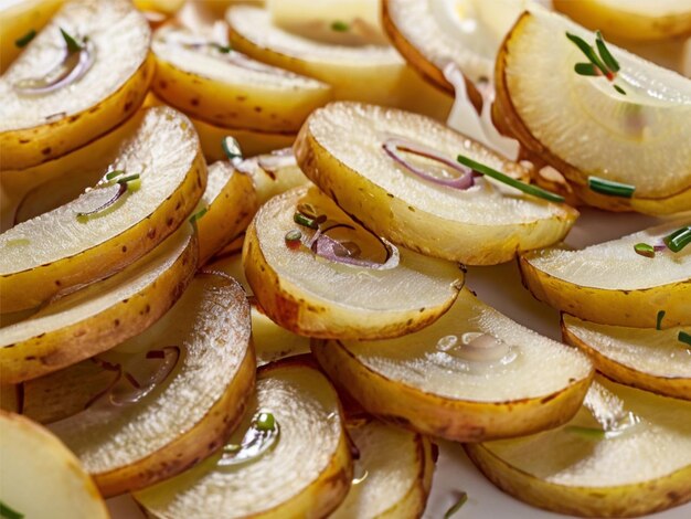 Photo de tranches de pommes de terre bouillies avec des tranches d'oignon sur un fond blanc sans assiette