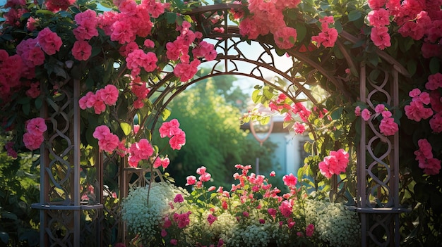 Une photo d'un treillis de jardin octogonal fleurissant sur le fond d'un jardin de fleurs