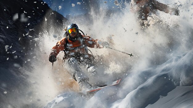 Une photo très réaliste et immersive de skieurs sculptant à travers la poudre fraîche sur une montagne majestueuse