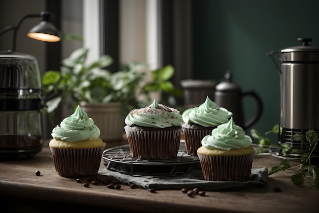 Photo de trois cupcakes avec du glaçage vert sur une table