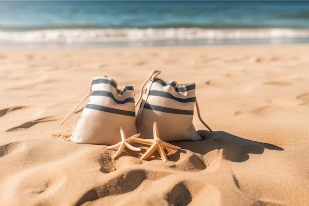 Photo trois étoiles de mer avec gros sac sur le sable