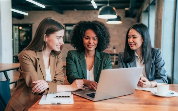 Photo de trois femmes d'affaires travaillant sur un projet dans un environnement multiethnique de bureau et