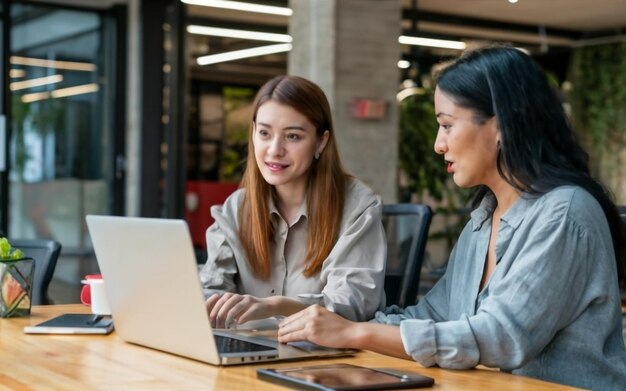 Photo de trois femmes d'affaires travaillant sur un projet dans un environnement multiethnique de bureau et