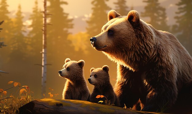 une photo de trois ours dans une forêt avec des arbres en arrière-plan