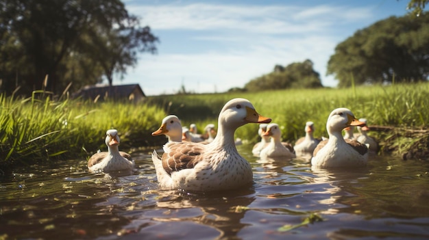 Une photo d'un troupeau de canards dans un étang de ferme