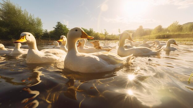 Une photo d'un troupeau de canards nageant dans un étang de ferme