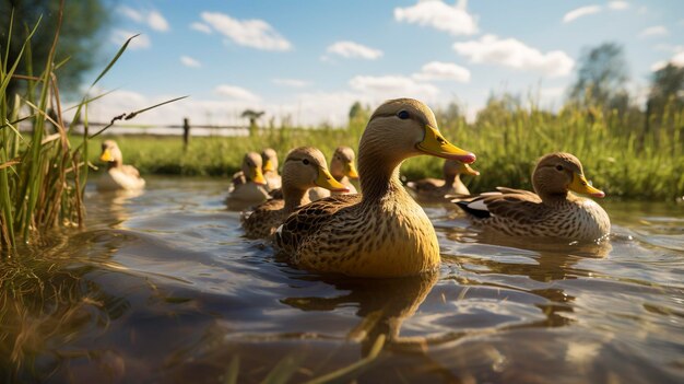 Une photo d'un troupeau de canards nageant dans un étang de ferme