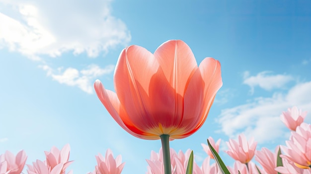 Une photo d'une tulipe rose de corail dans un fond de ciel bleu de champ