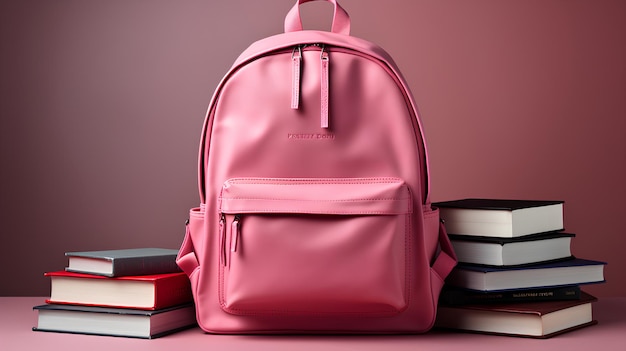 Une photo ultra-réaliste d'un sac à dos scolaire rose et d'un seve