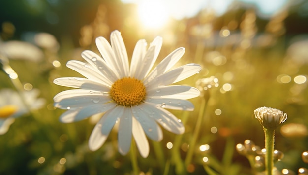 Photo ultraluxueuse de tulipes dans l'herbe et le soleil derrière une cinématique encore ultraréaliste