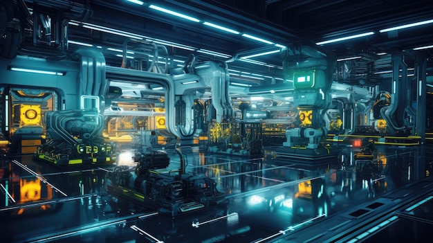 Photo une photo d'une usine de robots futuristes, des chaînes d'assemblage et des bras robotiques