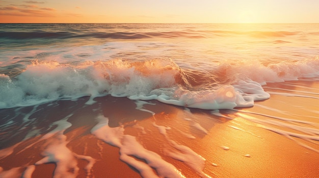 Une photo de vagues déferlant au coucher du soleil sur une plage de sable