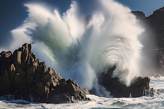 Photo photo des vagues de l'océan qui s'écrasent contre les roches côtières