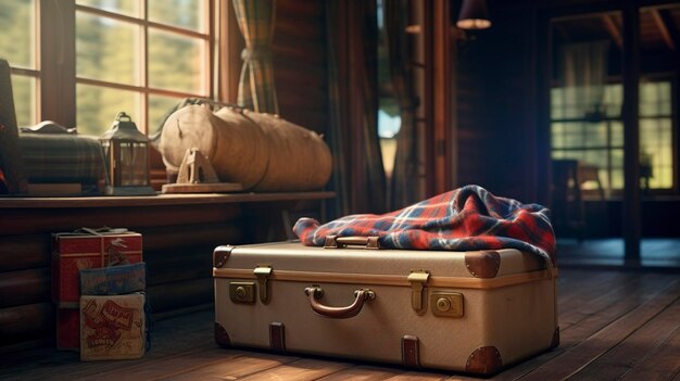 photo d'une valise vintage et d'accessoires de voyage dans une cabine confortable