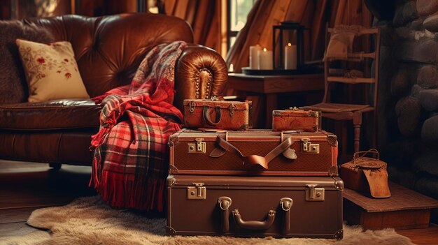 photo d'une valise vintage et d'accessoires de voyage dans une cabine confortable