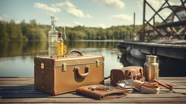 Une photo d'une valise vintage et d'articles de voyage sur un quai en bois