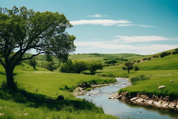 Photo d'une vallée tranquille avec une nature de rivière sinueuse en arrière-plan