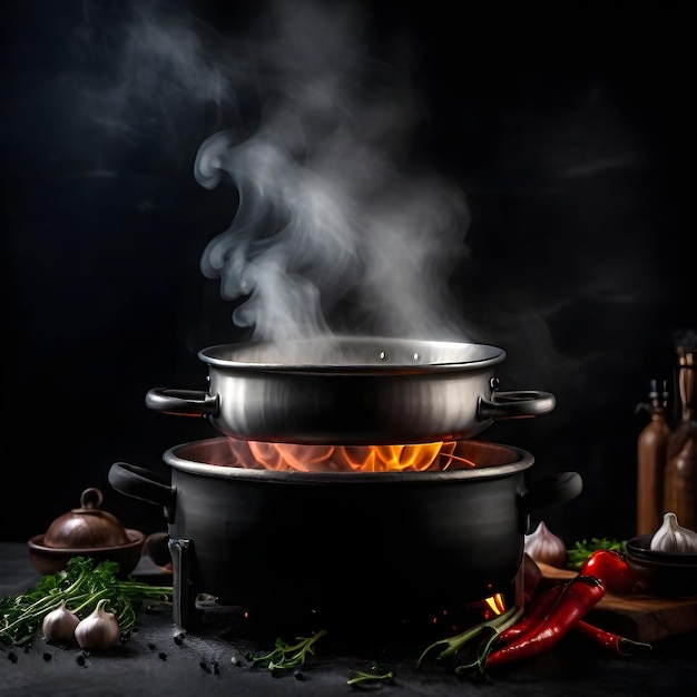 Photo vapeur sur pot de cuisson sur fond noir bol de nourriture chaude de vapeur chaude avec fumée cuisinier