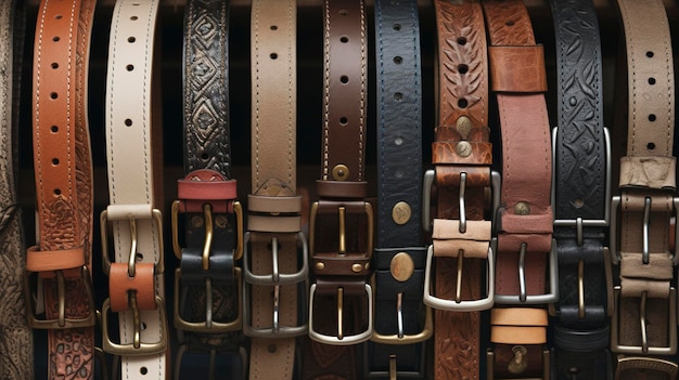 Une photo d'une variété de ceintures dans différents styles et matériaux