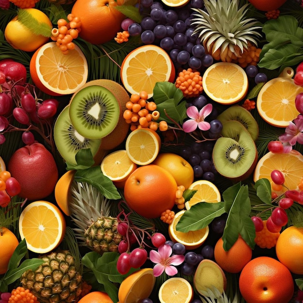 Une photo d'une variété de fruits, y compris des ananas, des kiwis et un fruit.