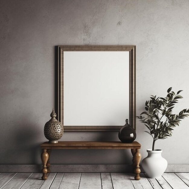 une photo d'un vase et d'un miroir sur une table en bois ai générative