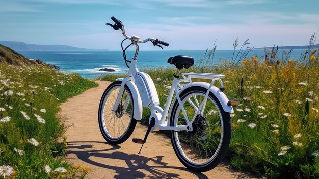 Une photo d'un vélo électrique compact sur un chemin panoramique