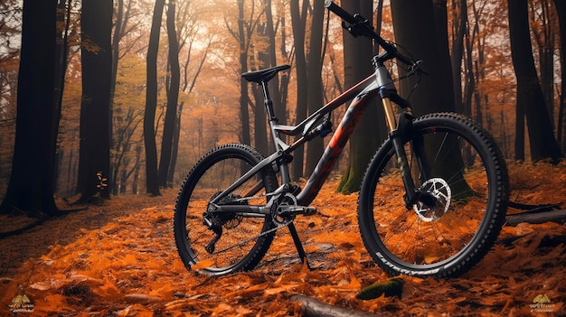 Une photo d'un vélo de montagne et d'un équipement dans une forêt d'automne animée