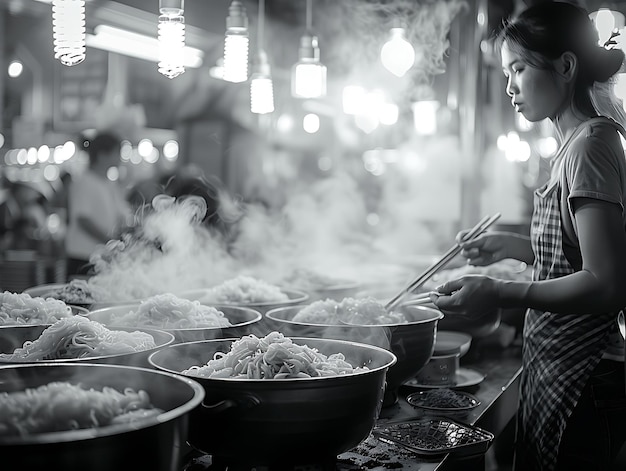 Photo de vendeurs de nouilles de riz servant des bols de pho dans un marché de rue