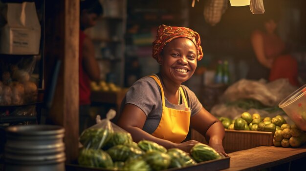 photo d'une vendeuse afro-américaine joyeuse travaillant dans un magasin de légumes