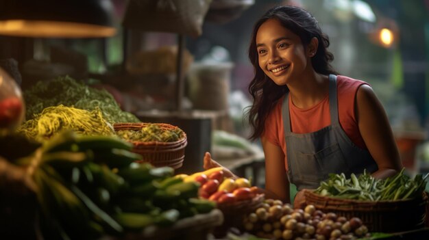 photo d'une vendeuse joyeuse travaillant dans un magasin de légumes