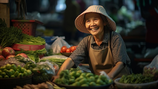 photo d'une vendeuse joyeuse travaillant dans un magasin de légumes