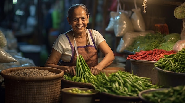 photo d'une vendeuse joyeuse travaillant dans un magasin de légumes