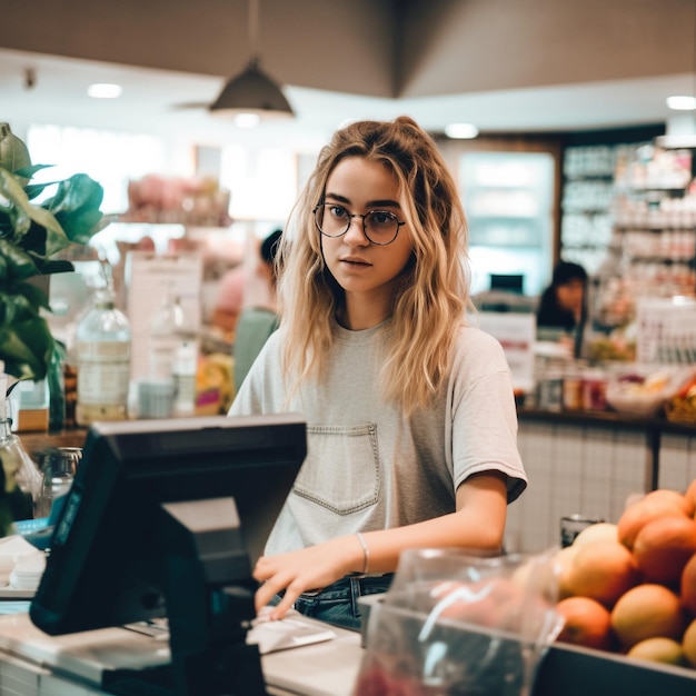 Photo d'une vendeuse souriante aux clients sur un comptoir de caisse dans un supermarché