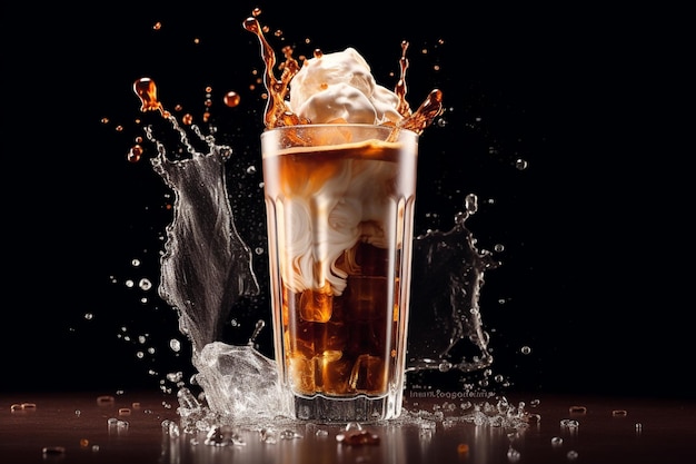 Photo d'un verre de café glacé avec de la glace et un peu d'eau