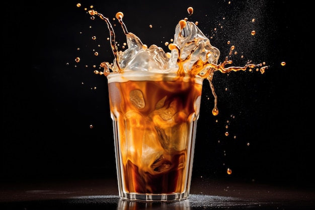 Photo d'un verre de café glacé avec de la glace et un peu d'eau