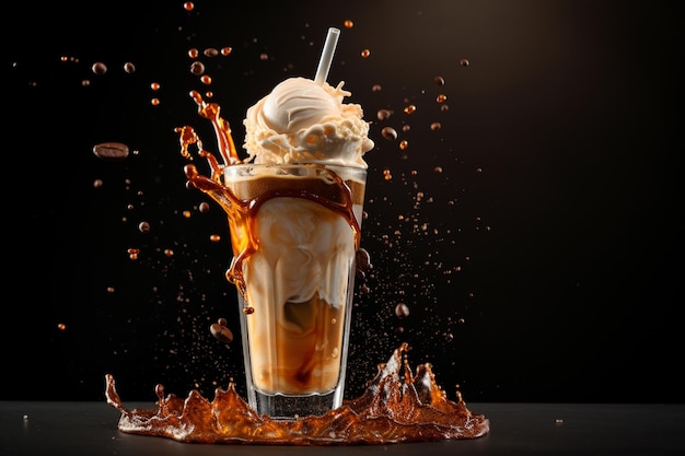 Photo d'un verre de café glacé avec de la glace et un peu d'eau