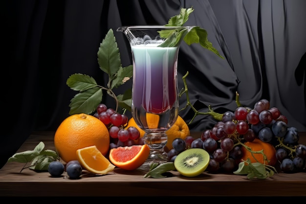 Photo d'un verre de jus avec des fruits et des feuilles