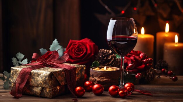 Photo d'un verre de vin rouge avec un chapeau de Père Noël, une boîte cadeau en bronze et Noël généré par l'IA