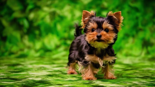 Une photo verticale d'un adorable Yorkshire terrier isolé sur un fond vert