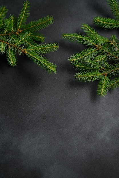 Photo verticale Branches de sapin de Noël dans l'air sur fond sombre avec espace de copie en bas