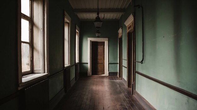 Une photo verticale d'un couloir d'un vieux bâtiment avec des fenêtres et une porte au loin