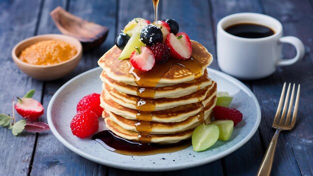 Photo une photo verticale de crêpes végétaliennes avec des fruits colorés, un café et du sirop.