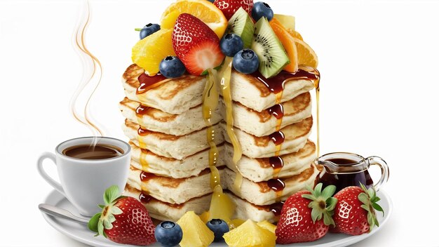 Photo une photo verticale de crêpes végétaliennes avec des fruits colorés, un café et du sirop.