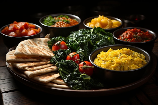 Photo une photo verticale d'une délicieuse nourriture éthiopienne avec des légumes frais sur une table en bois
