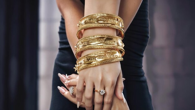 Une photo verticale d'une femme portant un bracelet en or.